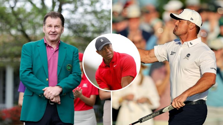 Split image of Sir Nick Faldo and Bryson DeChambeau with an inset of Tiger Woods