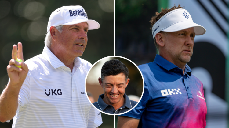 Split image of Fred Couples and Ian Poulter. Inset, Rory McIlroy at the Masters.