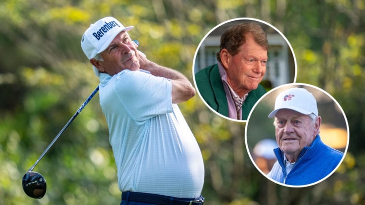 Masters champion Fred Couples of the United States plays a stroke from the No. 2 tee with two insets of Masters champion and Honorary Starter Jack ...
