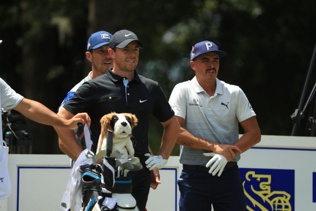 Rory McIlroy stands next to Rickie Fowler during the RBC Heritage at Harbour Town Links in 2020