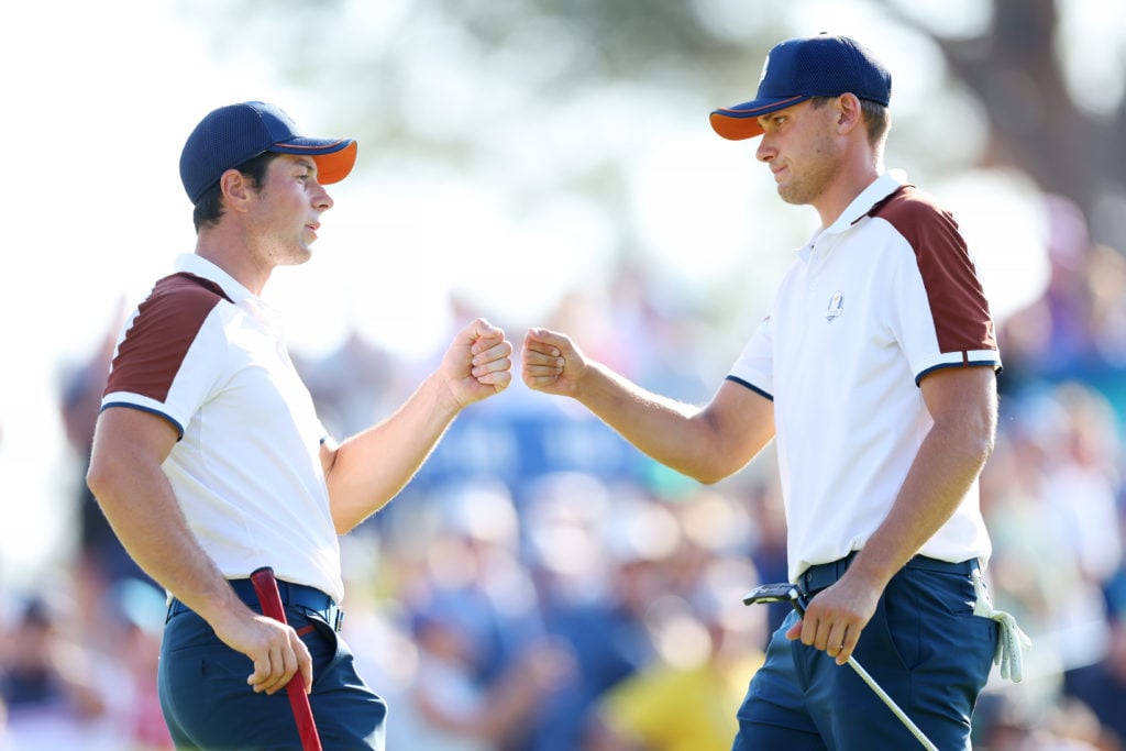 Viktor Hovland celebrates with Ludvig Aberg during the 2023 Ryder Cup