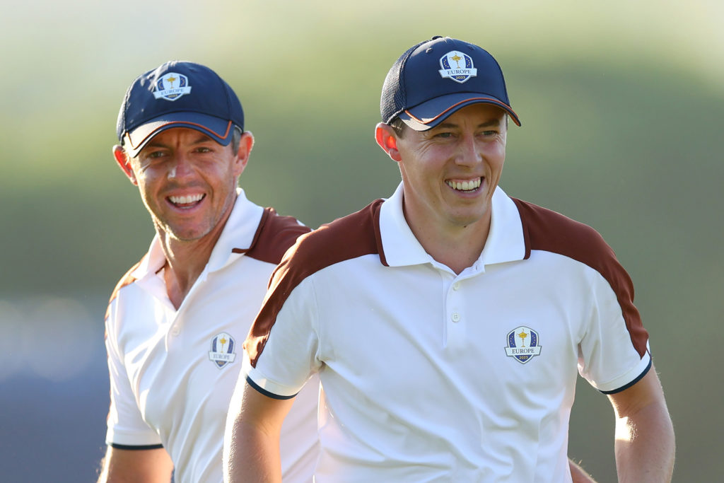 Rory McIlroy and Matthew Fitzpatrick joke during their Saturday afternoon match at the 2023 Ryder Cup
