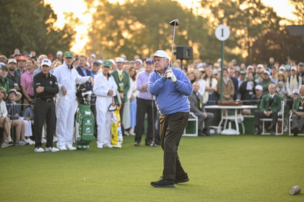 Jack Nicklaus hitting the ceremonial tee shot before the 2025 Masters