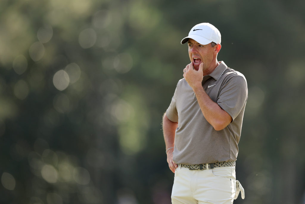 Rory McIlroy in action during the first round of the 2025 Masters