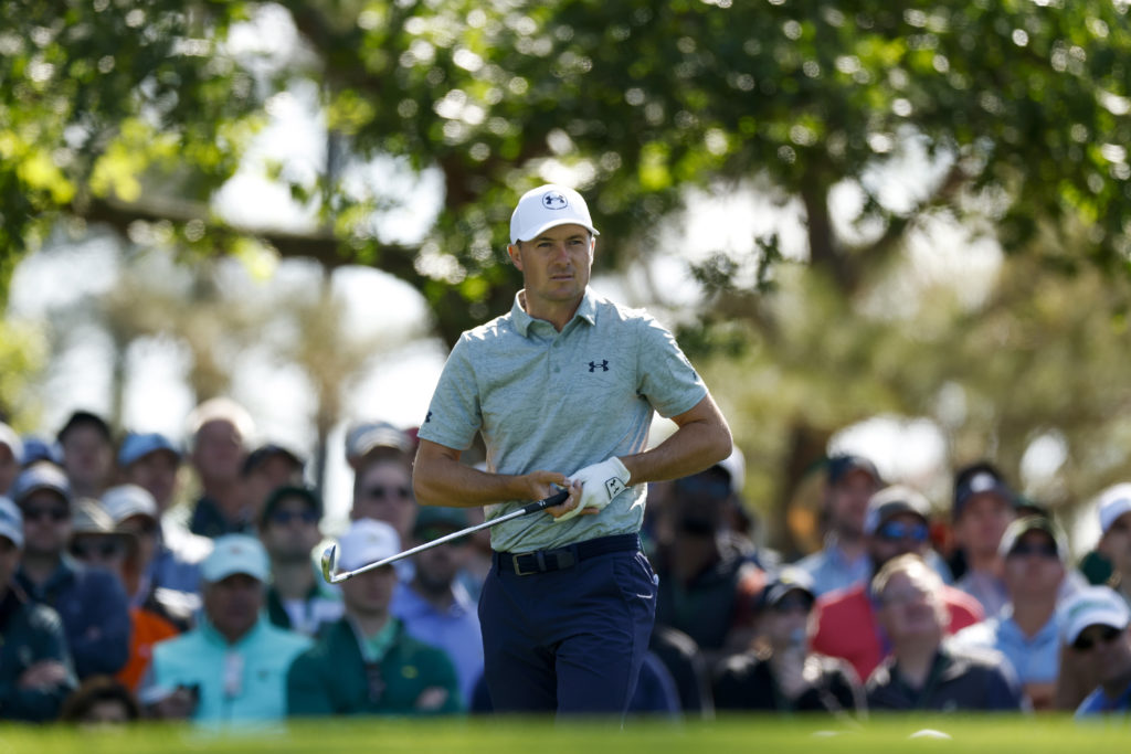 Jordan Spieth of the United States plays his shot from the fourth tee during the third round of the 2025 Masters Tournament