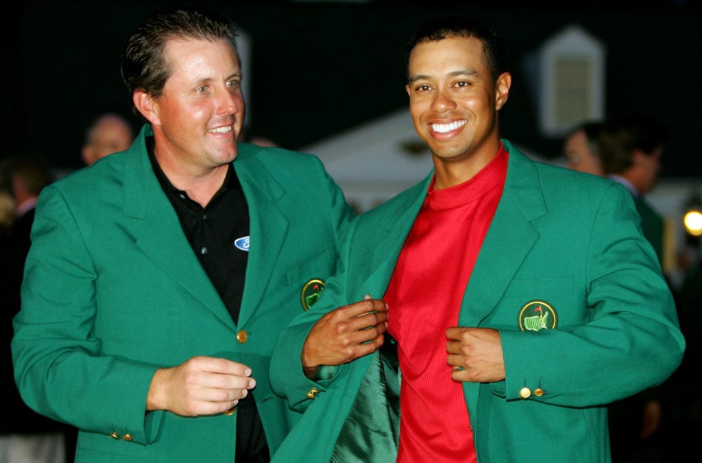 Phil Mickelson and Tigers Woods after The Masters Final Round in 2005