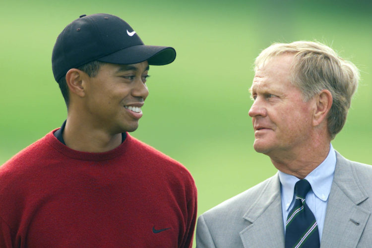 3 Jun 2001:  Tiger Woods and Jack Nicklaus share a chat during the award presentation at the Memorial Tournament at Muirfield Village Golf Club in ...