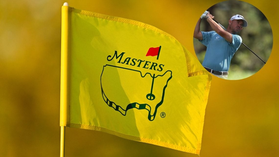 Main image - Masters tournament flag is seen waving in the wind during The Masters Tournament at Augusta National. Inset - Brian Harman plays his s...