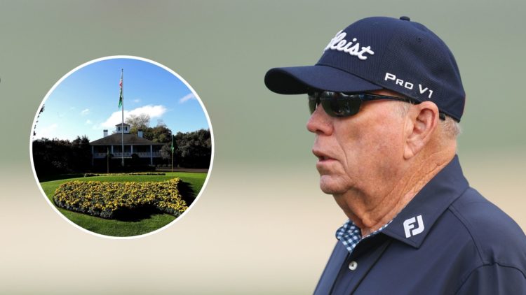 Swing coach Butch Harmon looks on from the practice area prior to the 2023 Masters Tournament. Inset, Augusta National Golf Club