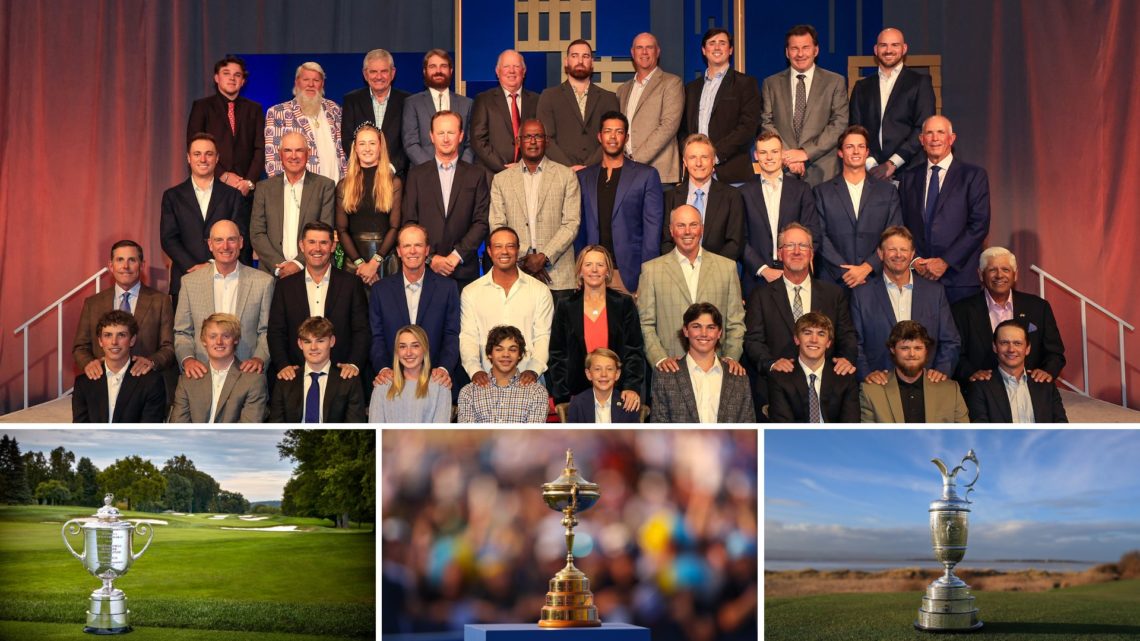 Main image - A pre-tournament group photograph of the entire field in the PNC Championship (front row L-R) Luke Leonard, Tanner Furyk, Ciaran Harri...