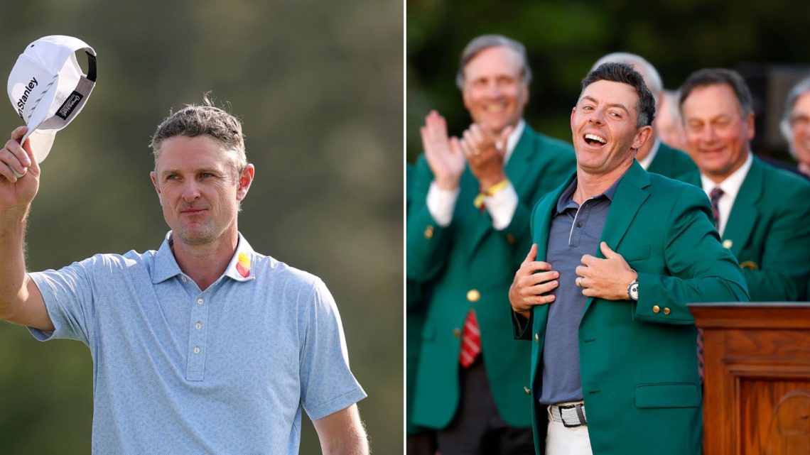 Split image of Justin Rose after finishing the 18th hole during the first round of the 2025 Masters Tournament at Augusta National Golf Club, left,...
