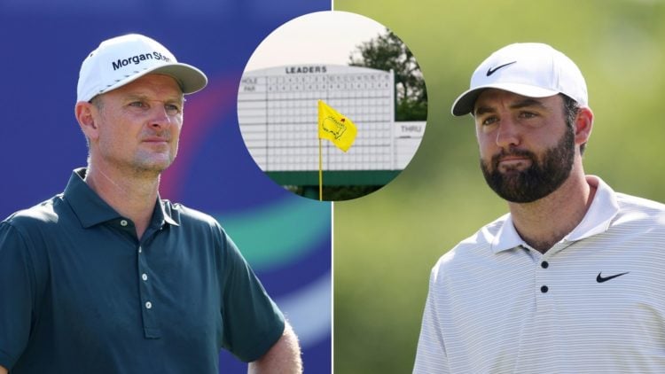 Split images of Justin Rose, left, and Scottie Scheffler, right. The Masters flag flutters in front of the leaderboard, inset.