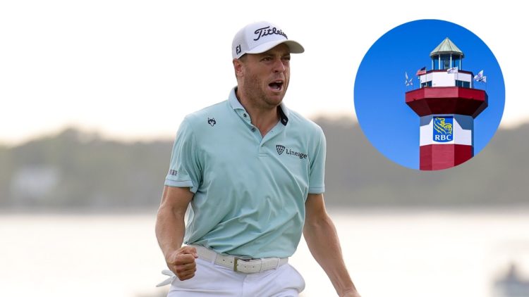 Main image - Justin Thomas celebrates on the 18th green during the first playoff hole after winning the final round of the RBC Heritage 2025 at Har...