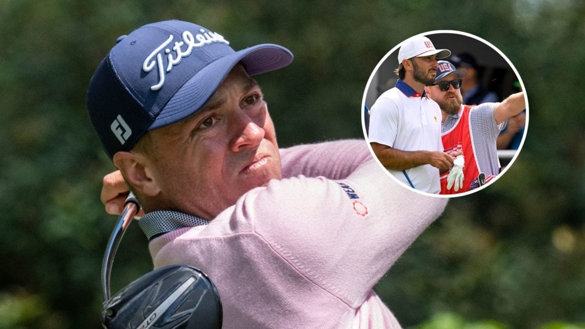 Justin Thomas of the United States plays a stroke from the No. 11 tee during the third round of the Masters at Augusta National Golf Club, main ima...