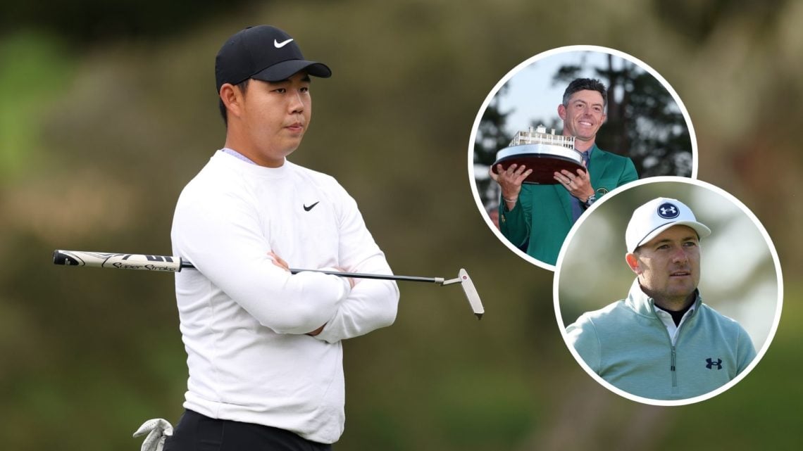 Tom Kim looks on during the AT&T Pebble Beach Pro-Am at Pebble Beach Golf Links, main image. Rory McIlroy poses with the Masters trophy during the ...