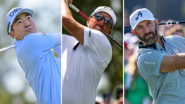 Split image of Michael Kim, Phil Mickelson and Dustin Johnson, all hitting shots.