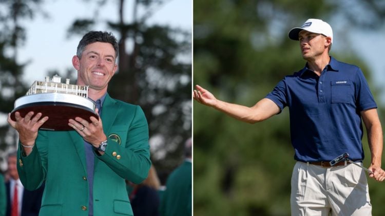 Split image of Masters champion Rory McIlroy, left, and Ludvig Aberg during the final round at Augusta National, right.