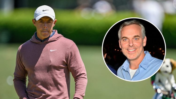 Rory McIlroy of Northern Ireland prepares to hit balls in the tournament practice area during the final round of the Masters Tournament. Inset, Col...
