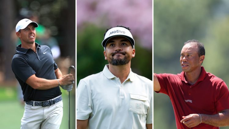 Split image of Rory McIlroy, left, Jason Day, centre, and Tiger Woods, right.