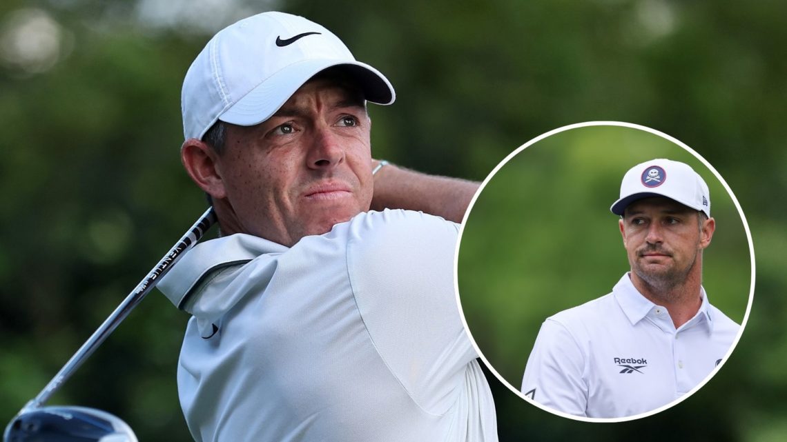 An image of Rory McIlroy at The 2025 Masters with an inset of Bryson DeChambeau during round three of The 2025 Masters