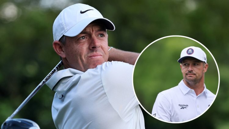 An image of Rory McIlroy at The 2025 Masters with an inset of Bryson DeChambeau during round three of The 2025 Masters
