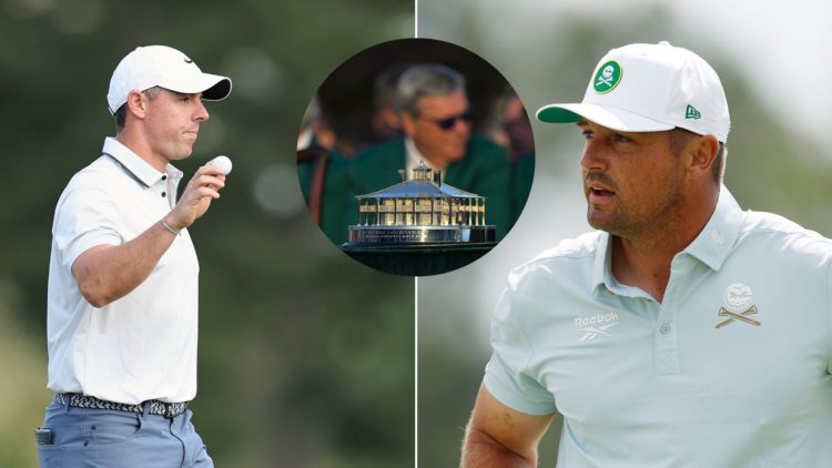 Split image of Rory McIlroy during the third round of the 2025 Masters Tournament at Augusta National Golf Club, left, and Bryson DeChambeau during...