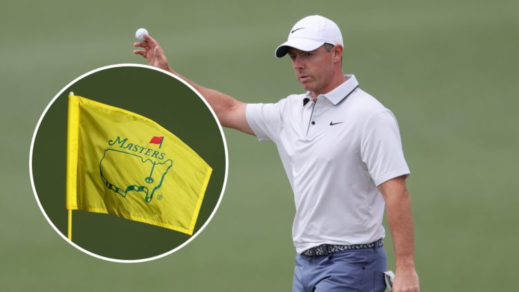 An image of Rory McIlroy with an inset of the Masters flag
