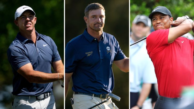 Rory McIlroy of Northern Ireland plays a stroke from the No. 4 tee, Bryson DeChambeau of the United States on the No. 18 green, and Tiger Woods of ...