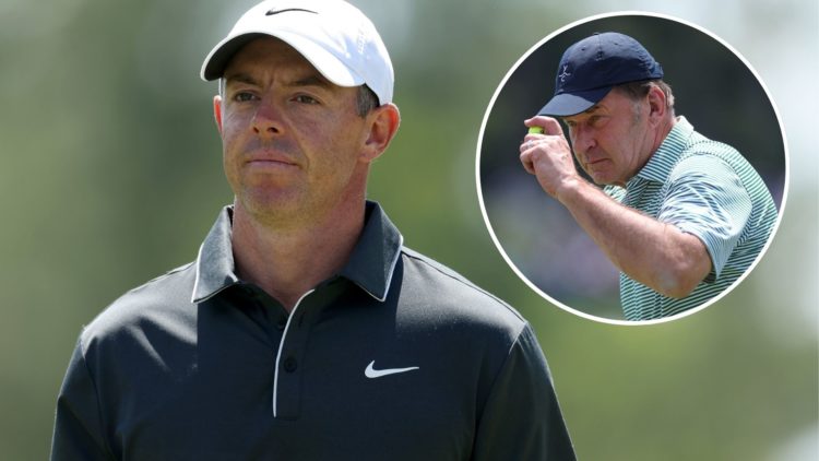 Rory McIlroy playing The 2025 Masters with inset of Sir Nick Faldo