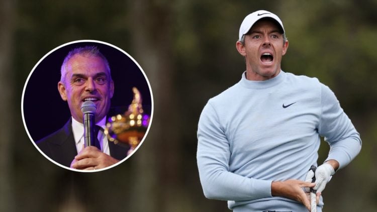 Rory McIlroy of Northern Ireland reacts on the 14th tee during the final round of THE PLAYERS Championship. Inset, Paul McGinley
