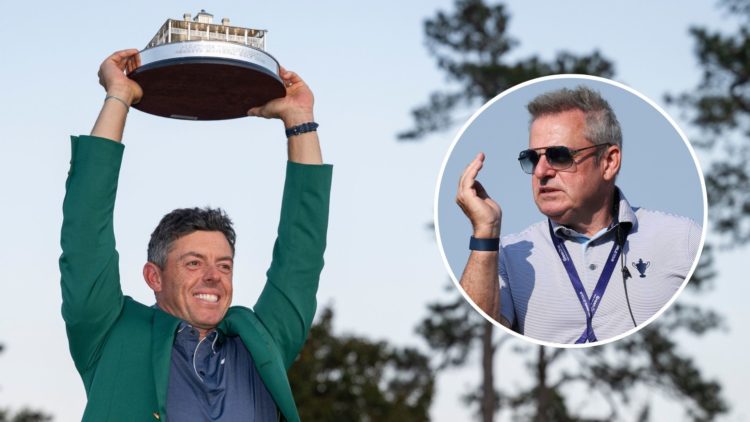 Masters champion Rory McIlroy of Northern Ireland holds the Masters trophy during the Green Jacket Presentation Ceremony. Inset, Paul McGinley.