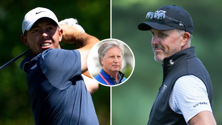 Rory McIlroy of Northern Ireland plays a stroke from the No. 4 tee, and Phil Mickelson stands on the seventh green during the first round of Master...