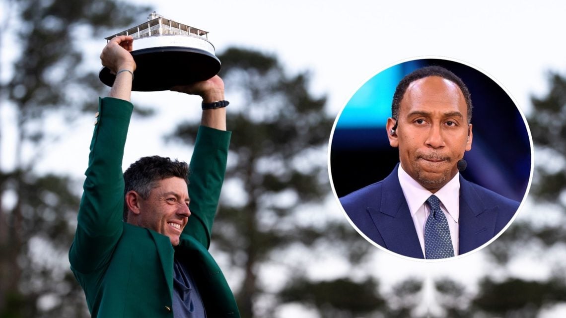 Masters champion Rory McIlroy of Northern Ireland celebrates with the Masters trophy during the Green Jacket Presentation Ceremony. Inset, Stephen ...