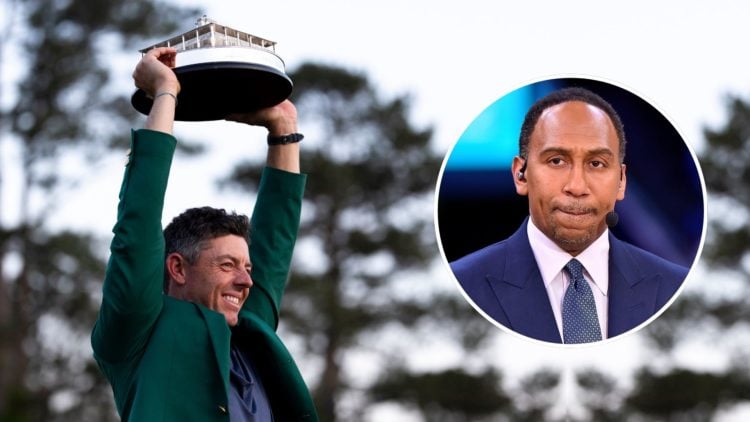 Masters champion Rory McIlroy of Northern Ireland celebrates with the Masters trophy during the Green Jacket Presentation Ceremony. Inset, Stephen ...