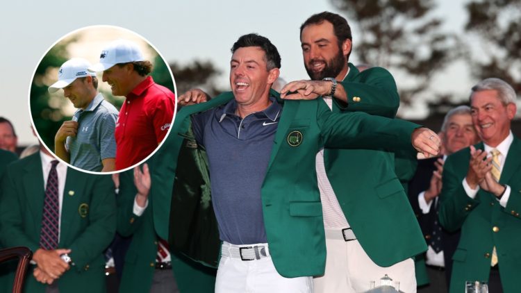 Main image, Scottie Scheffler putting the green jacket on Rory McIlroy after his Masters win at Augusta National. Inset, Jordan Spieth and Phil Mic...
