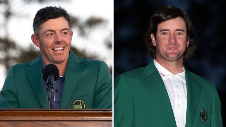 Masters champion Rory McIlroy of Northern Ireland during the Green Jacket Presentation Ceremony, and Bubba Watson of the United States looks on aft...