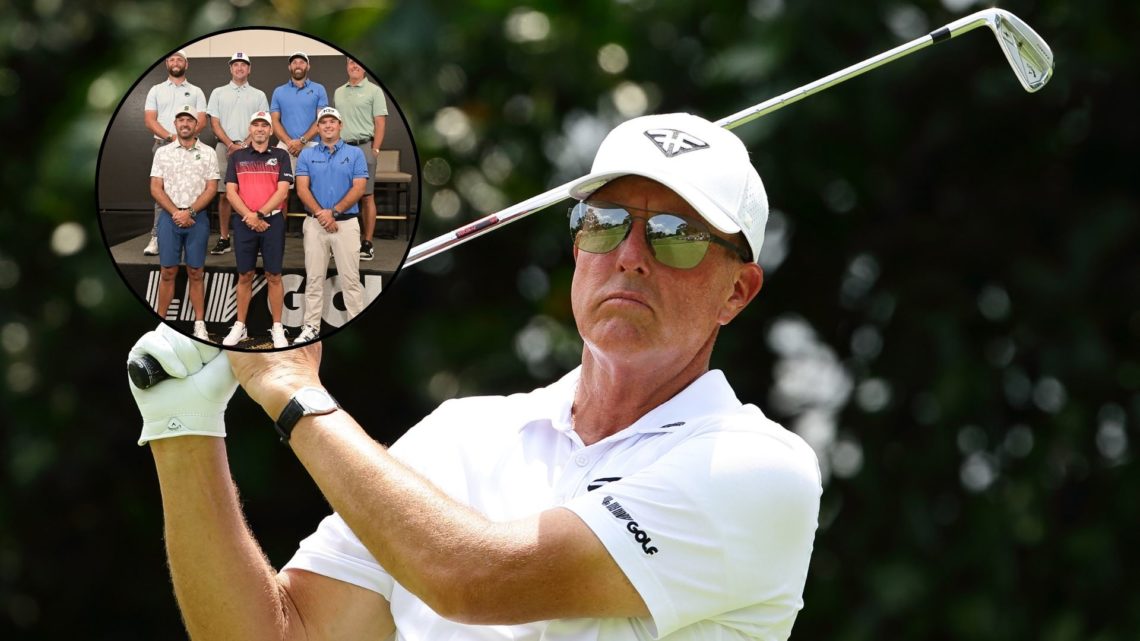 Phil Mickelson in action during LIV Golf Invitational - Singapore at Sentosa Golf Club, main image. Sergio Garcia alongside fellow LIV golfers befo...