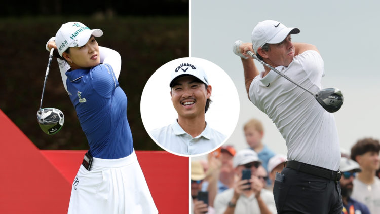 Split image of Minjee Lee of Australia tees off on the 11th hole during Day Four of the HSBC Women's World Championship 2025 and Rory McIlroy of No...