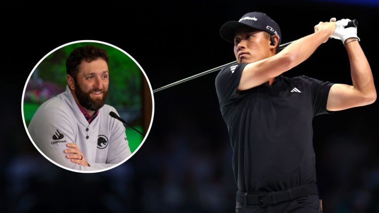 Colin Morikawa of Los Angeles Golf Club plays his shot from the first tee during their TGL presented by SoFi match. Inset, Jon Rahm.