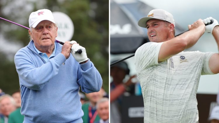 Split image as Bryson DeChambeau of Crushers GC tees off at 7th hole on day one of LIV Golf Singapore, and Jack Nicklaus of the United States plays...