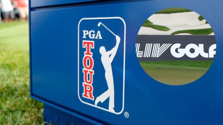 LIV Golf signage during day three of the LIV Golf Invitational - Singapore at Sentosa Golf Club. A PGA Tour sign sits on the 1st hole tee box durin...