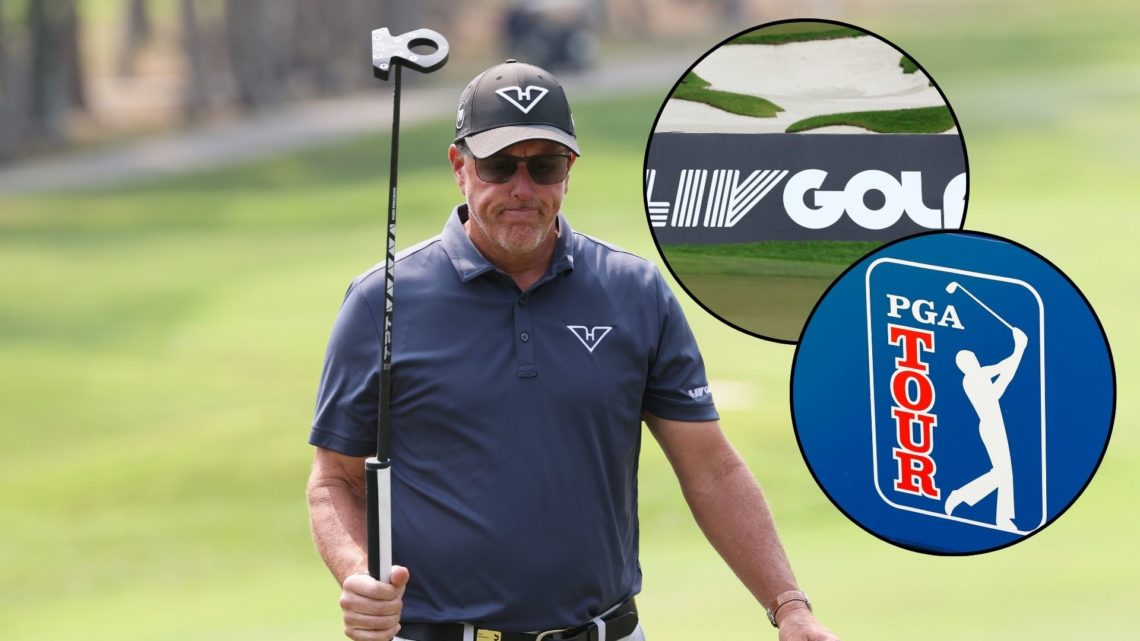 Phil Mickelson of HyFlyers GC reacts on the 10th green during during day one of the LIV Golf Invitational - Hong Kong, main image. LIV Golf signage...
