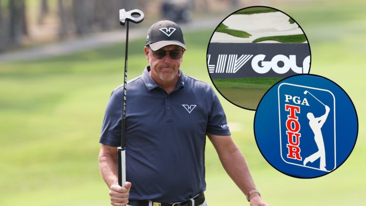 Phil Mickelson of HyFlyers GC reacts on the 10th green during during day one of the LIV Golf Invitational - Hong Kong, main image. LIV Golf signage...