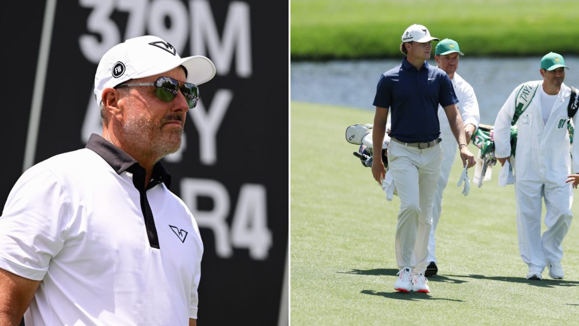Split image of Phil Mickelson during day three of LIV Golf Miami on April 06, 2025, at Trump National Doral, left, and Amateur Noah Kent on the 16t...