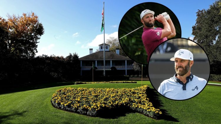 Augusta National clubhouse during The Masters, main image. LIV golfer Jon Rahm, inset top. LIV golfer Dustin Johnson, inset bottom.