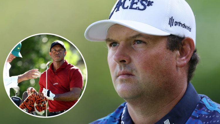 An image of Patrick Reed at the 2025 Masters tournament with inset of Tiger Woods at the 2024 Masters tournament