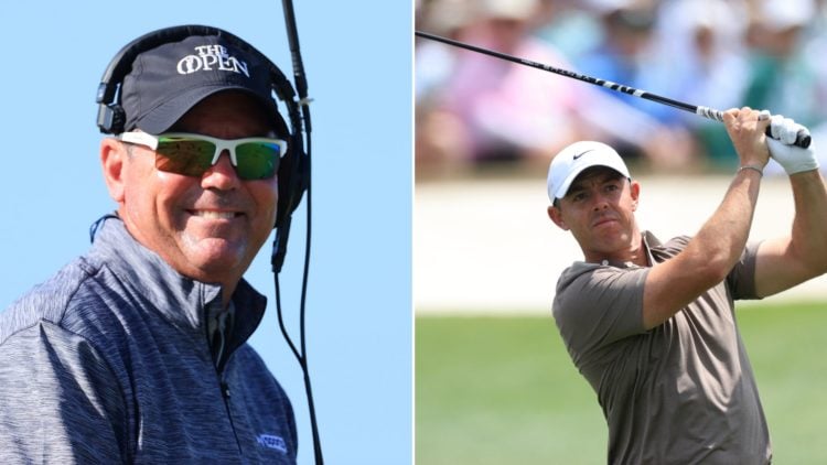 Split image Sky Sports presenter and golfer Rich Beem during Day Three of The 149th Open at Royal St George’s Golf Club on July 17, 2021, left, and...
