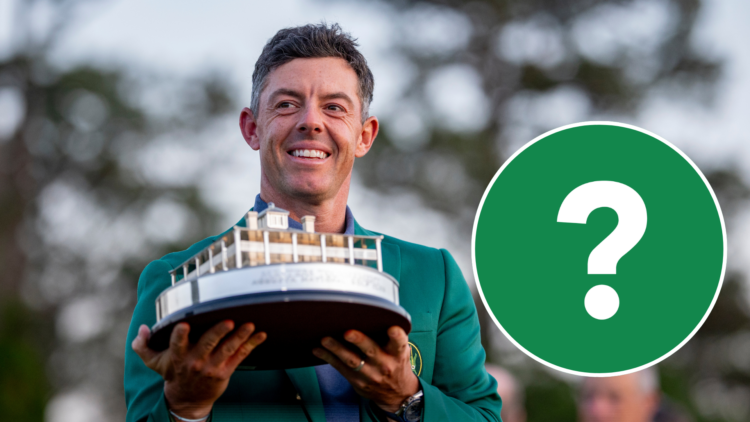 Rory McIlroy holding the Masters trophy. Inset, question mark graphic.
