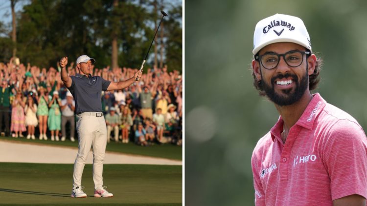 Split image of Rory McIlroy celebrating his win at the 2025 Masters Tournament after the playoff hole on the 18th green at Augusta National Golf Cl...
