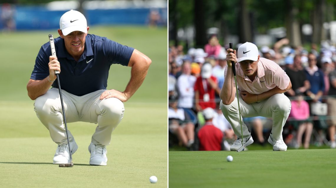 Split image of Rory McIlroy preparing to putt on the tenth green on day two of the Zurich Classic of New Orleans, left, and Cam Davis of Australia ...
